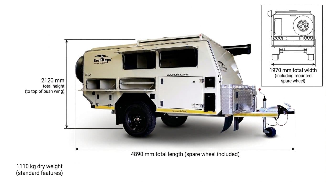 Baobab 2-Sleeper dimensioned side view: 4890mm length, 2120mm height, 1110kg dry weight