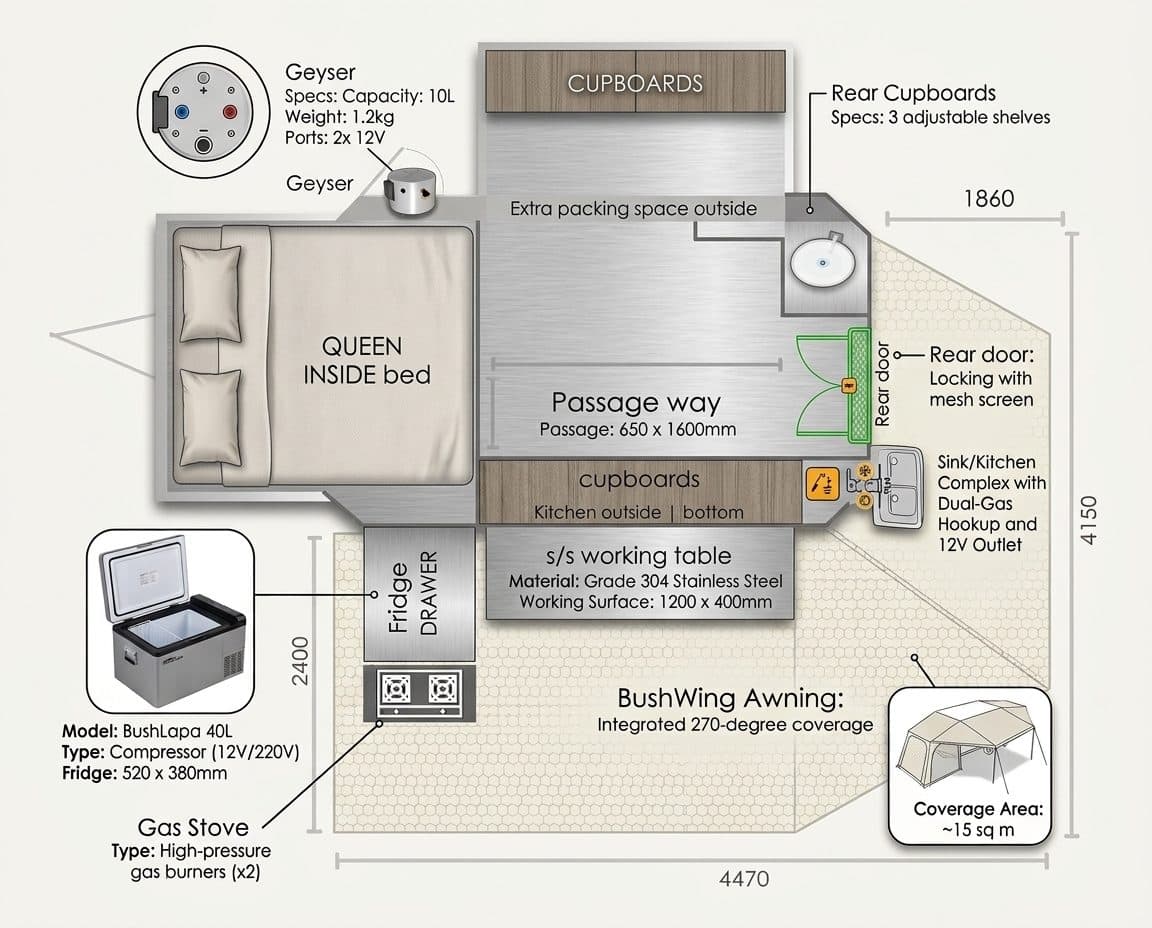 Baobab 2-Sleeper floor plan with queen bed, kitchen and awning layout