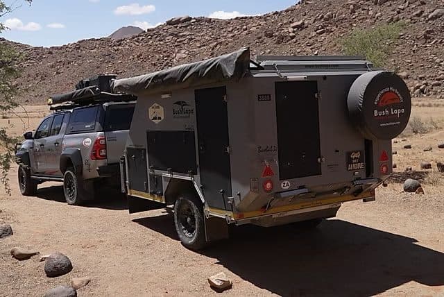 Baobab 2-Sleeper being towed on a rocky mountain pass