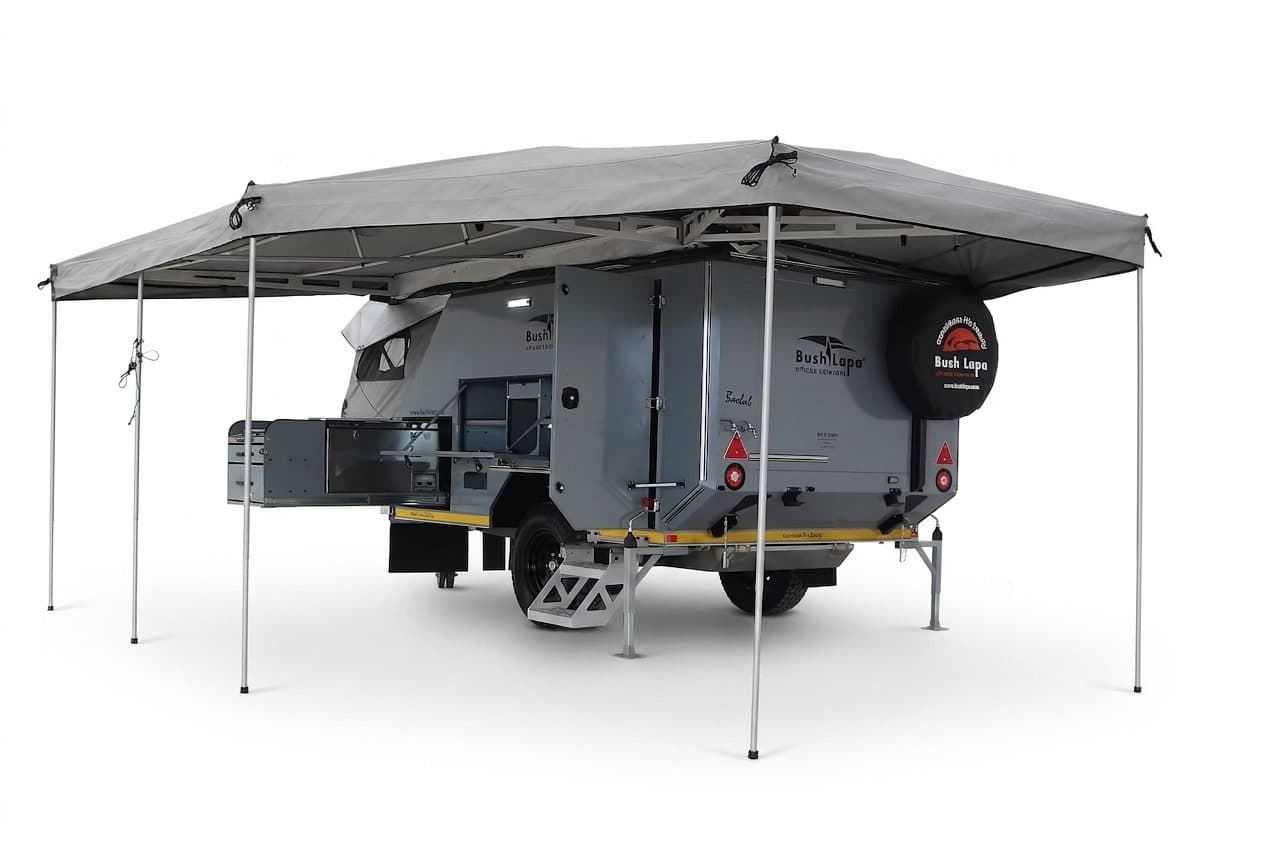 Baobab 4-Sleeper, grey finish, awning extended, studio shot