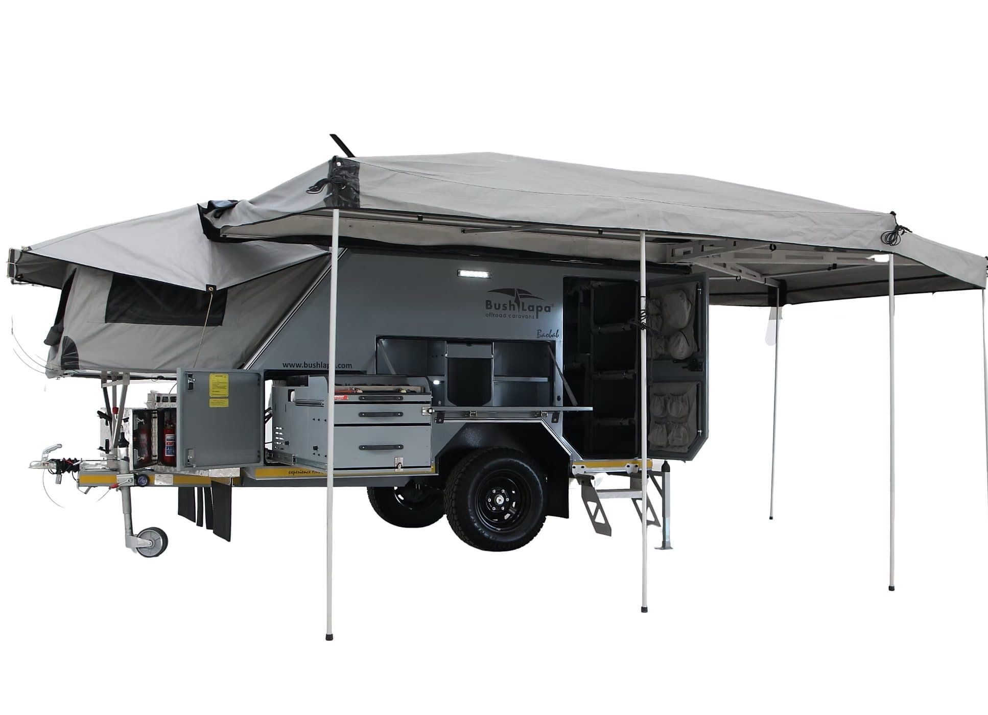 Baobab 4-Sleeper, full awning deployed with both storage doors open