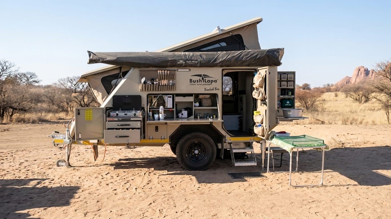 Baobab 4-Sleeper side profile, kitchen open, thorn trees in the background