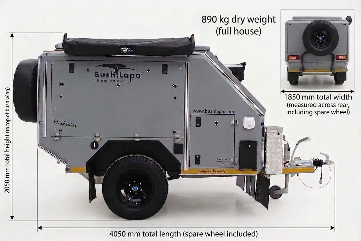 Miskruier dimensioned side view: 4050mm length, 2050mm height, 890kg dry weight